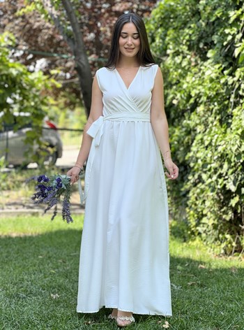 Beyaz Helen Uzun Poplin Kumaş Elbise